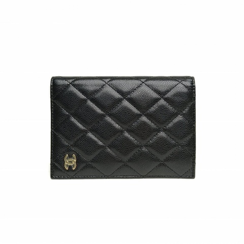 CHANEL 黑色荔枝牛皮鐳射標金扣金標護照夾卡包