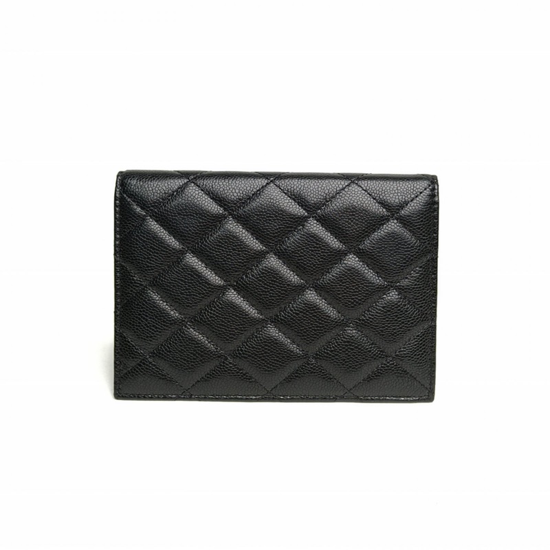 CHANEL 黑色荔枝牛皮鐳射標金扣金標護照夾卡包-2