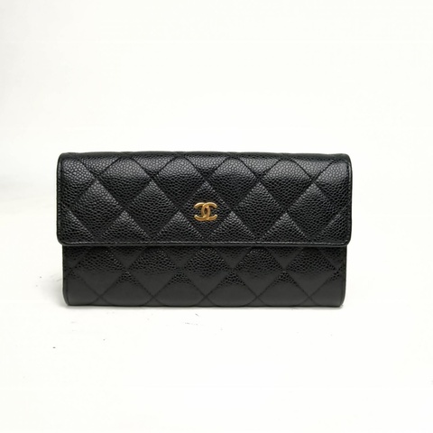 CHANEL 黑色荔枝牛皮22開金扣CF長款錢包