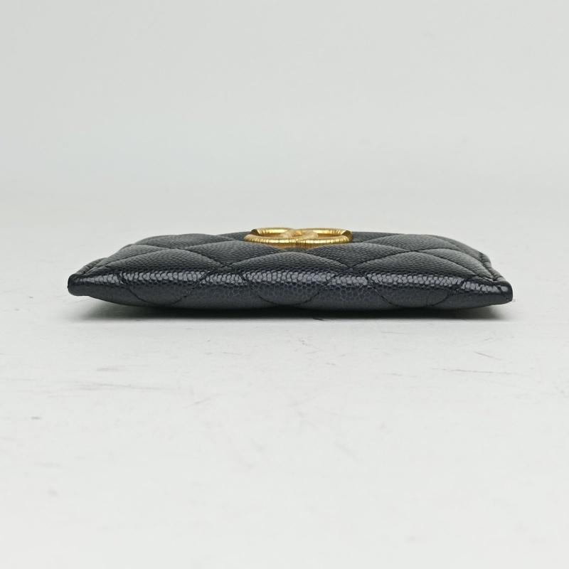 CHANEL 黑色荔枝牛皮鐳射標拉絲金扣黑金卡包-3
