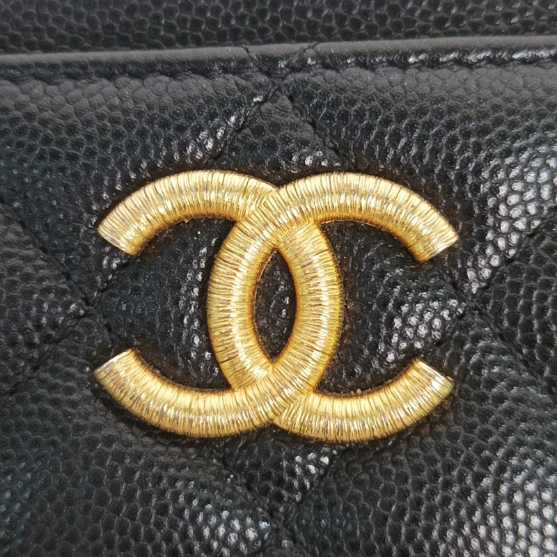CHANEL 黑色荔枝牛皮鐳射標拉絲金扣黑金卡包-4