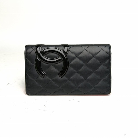 CHANEL 中古康鵬長款翻蓋錢包黑色牛皮18開銀扣