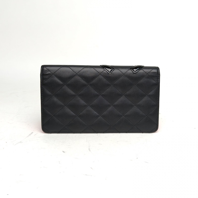 CHANEL 中古康鵬長款翻蓋錢包黑色牛皮18開銀扣-2