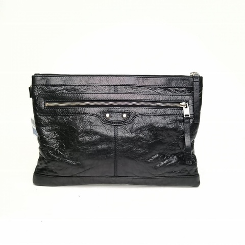 BALENCIAGA 黑色羊皮機車手拿包