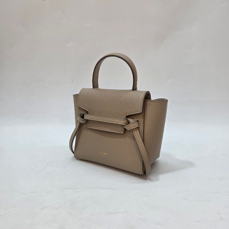 Celine 奶茶牛皮金釦Pico Belt手提肩斜背包-4