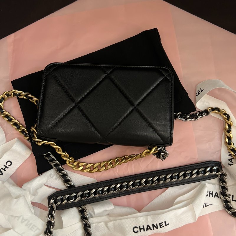 閒置新 香奈兒/Chanel 19Bag Woc羊皮mini金扣金銀鏈條包-1