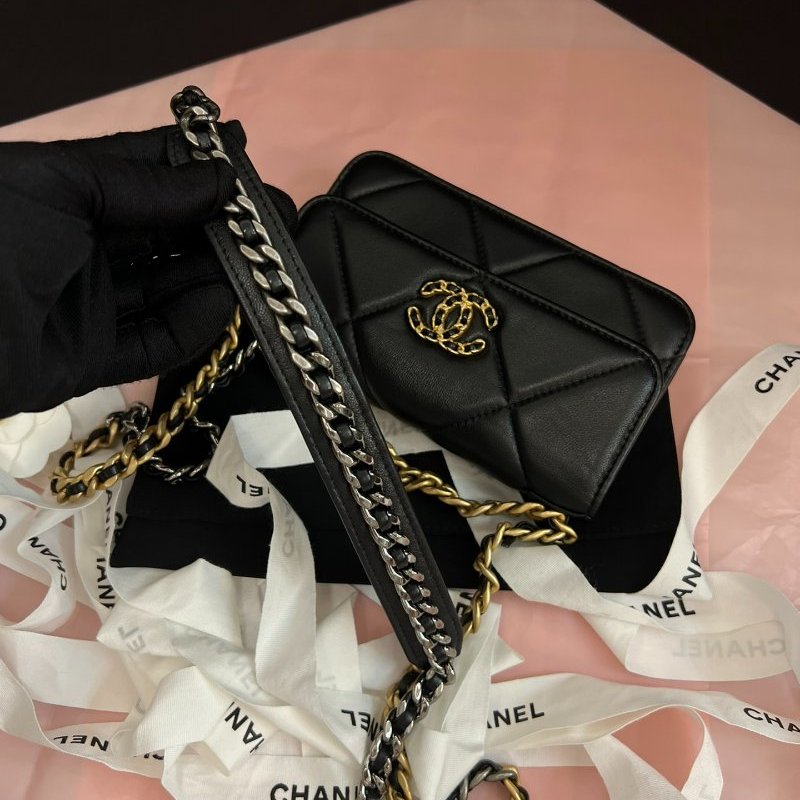閒置新 香奈兒/Chanel 19Bag Woc羊皮mini金扣金銀鏈條包-8