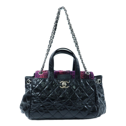 CHANEL 牛皮皮革/Tweed Portobello Tote銀扣鏈帶手挽肩背兩用袋