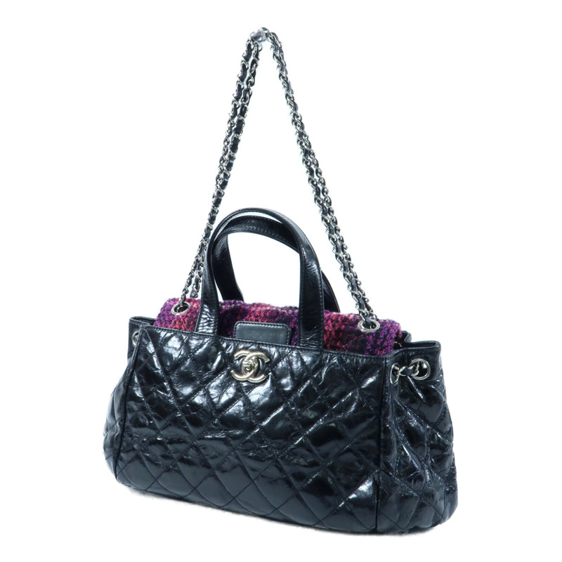 CHANEL 牛皮皮革/Tweed Portobello Tote銀扣鏈帶手挽肩背兩用袋-2