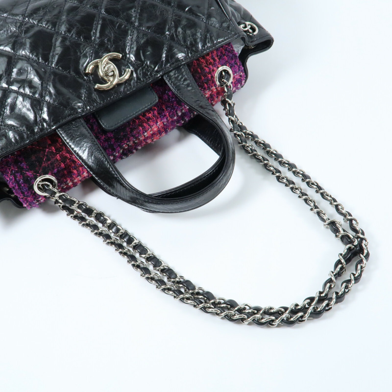 CHANEL 牛皮皮革/Tweed Portobello Tote銀扣鏈帶手挽肩背兩用袋-8