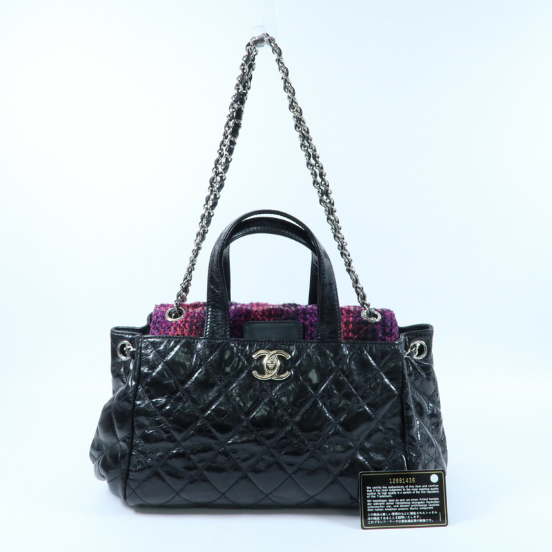 CHANEL 牛皮皮革/Tweed Portobello Tote銀扣鏈帶手挽肩背兩用袋-15