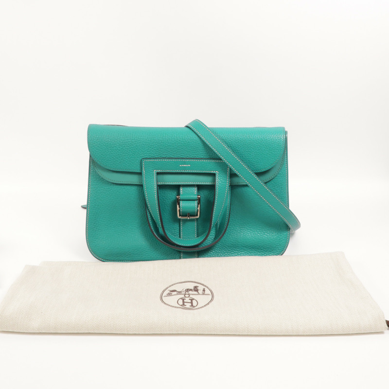 HERMES Clemence皮革Halzan 31手挽肩背兩用袋Bleu Paon-8