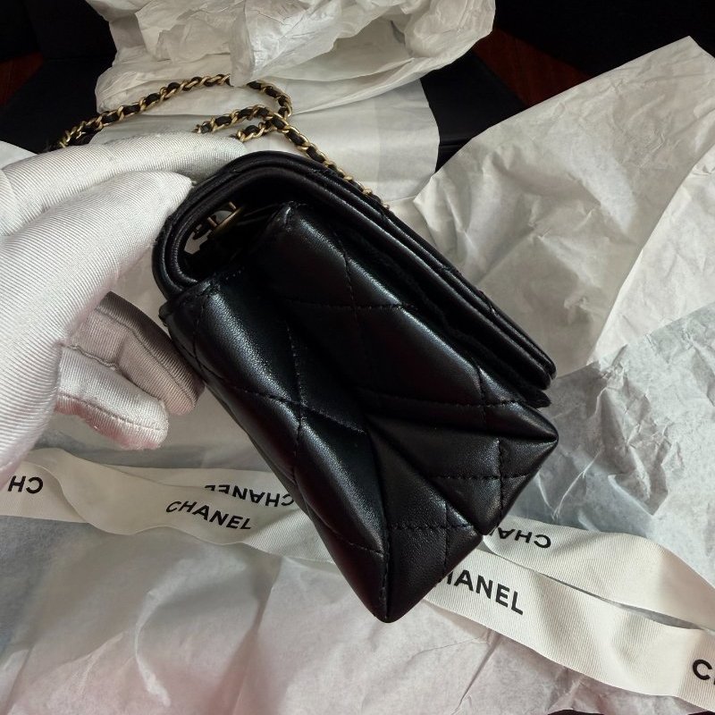 全新品 香奈兒/Chanel 黑金方胖子菱格羊皮白色琺瑯調節扣皮穿鏈斜挎包-2