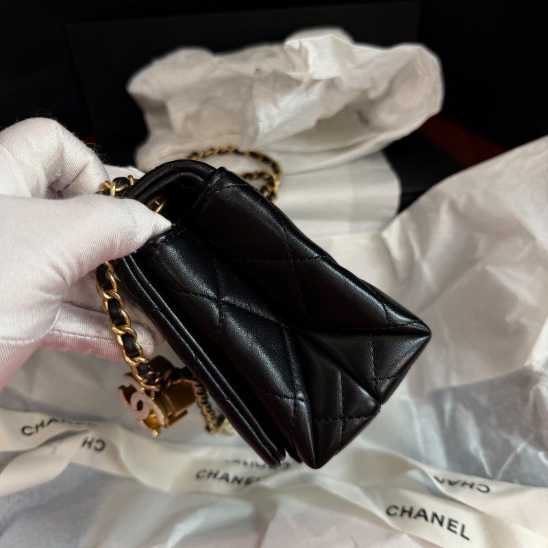全新品 香奈兒/Chanel 黑金方胖子菱格羊皮白色琺瑯調節扣皮穿鏈斜挎包-3