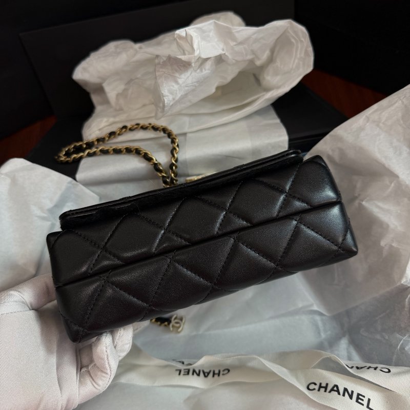 全新品 香奈兒/Chanel 黑金方胖子菱格羊皮白色琺瑯調節扣皮穿鏈斜挎包-4