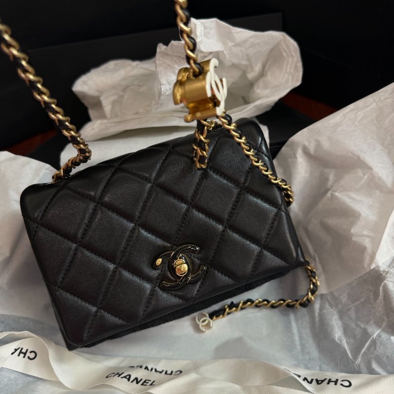 全新品 香奈兒/Chanel 黑金方胖子菱格羊皮白色琺瑯調節扣皮穿鏈斜挎包-5