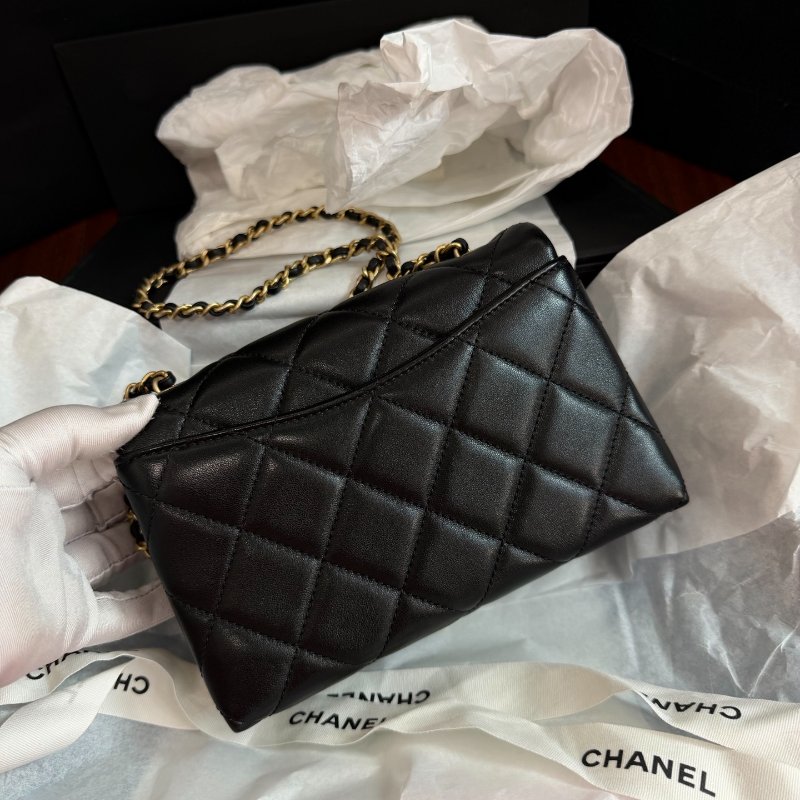 全新品 香奈兒/Chanel 黑金方胖子菱格羊皮白色琺瑯調節扣皮穿鏈斜挎包-6