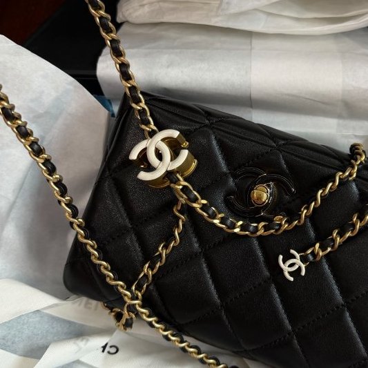 全新品 香奈兒/Chanel 黑金方胖子菱格羊皮白色琺瑯調節扣皮穿鏈斜挎包-8