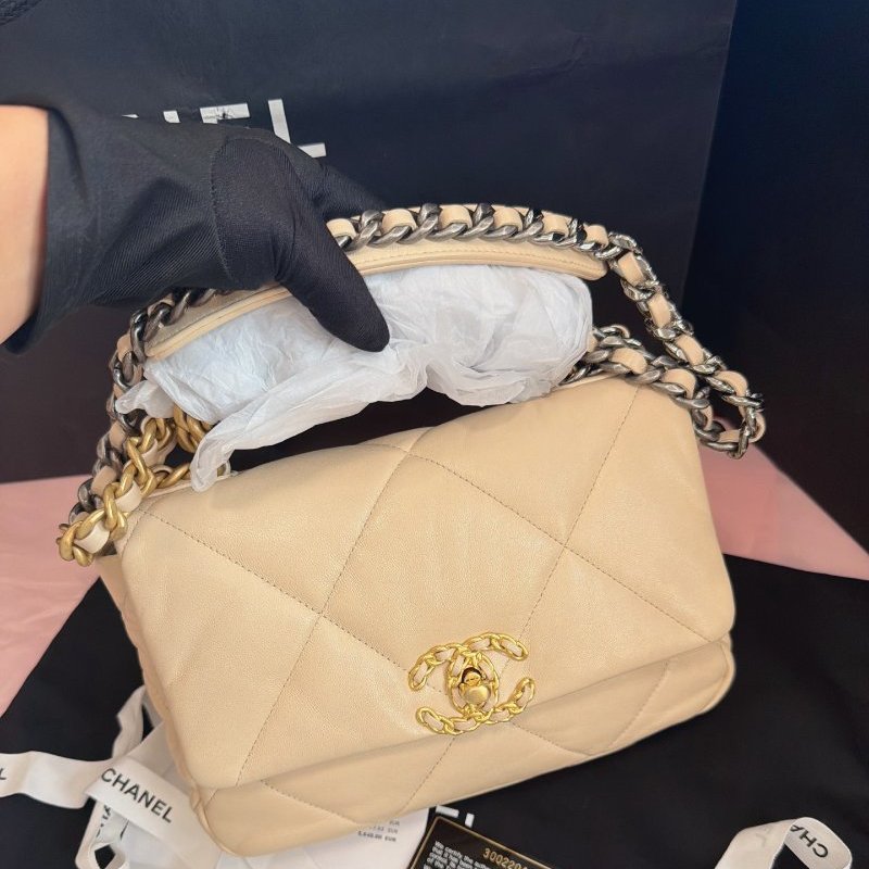 閒置新 香奈兒/Chanel 奶茶色金扣19bag小號-5