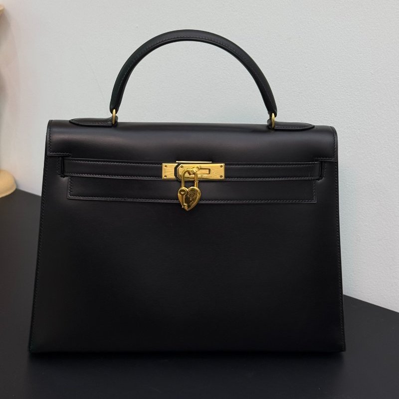 愛馬仕Hermes Kelly32 黑金box皮 手提包-0