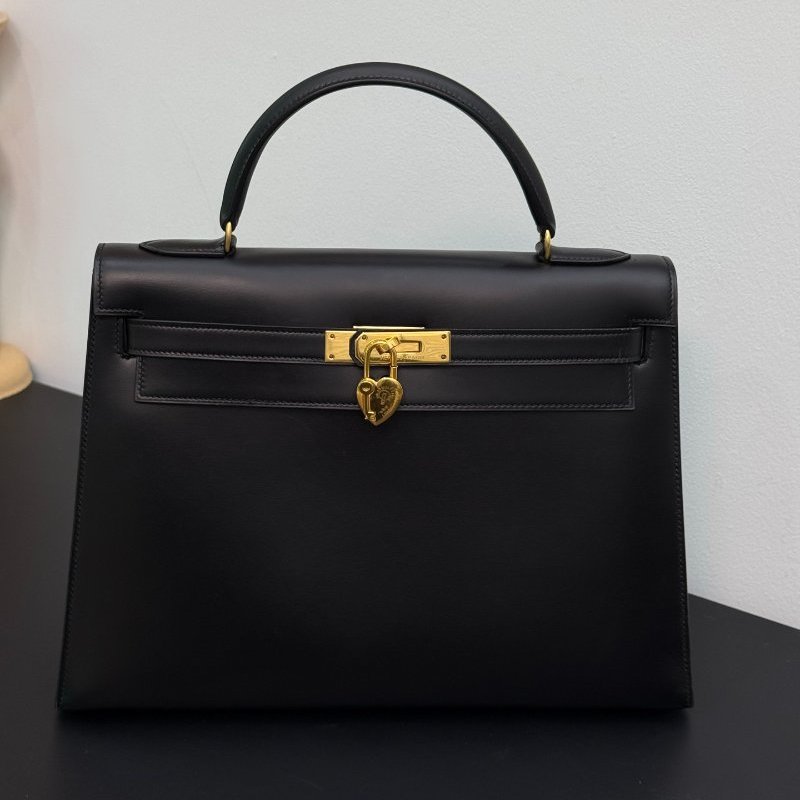 愛馬仕Hermes Kelly32 黑金box皮 手提包-5