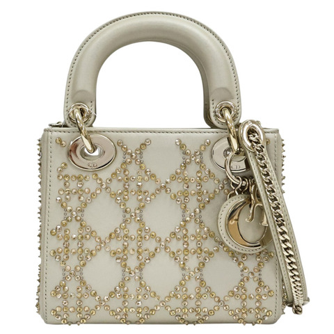 米灰色 Cannage 籐格紋 羊皮 珠飾 Mini Lady Dior 兩用包【Dior 迪奧】 M0505OREJ