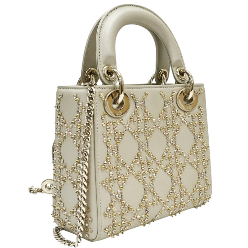 米灰色 Cannage 籐格紋 羊皮 珠飾 Mini Lady Dior 兩用包【Dior 迪奧】 M0505OREJ-1