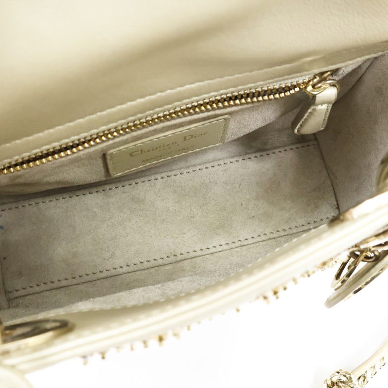 米灰色 Cannage 籐格紋 羊皮 珠飾 Mini Lady Dior 兩用包【Dior 迪奧】 M0505OREJ-2