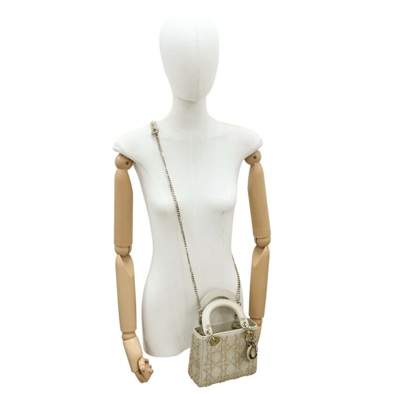 米灰色 Cannage 籐格紋 羊皮 珠飾 Mini Lady Dior 兩用包【Dior 迪奧】 M0505OREJ-5
