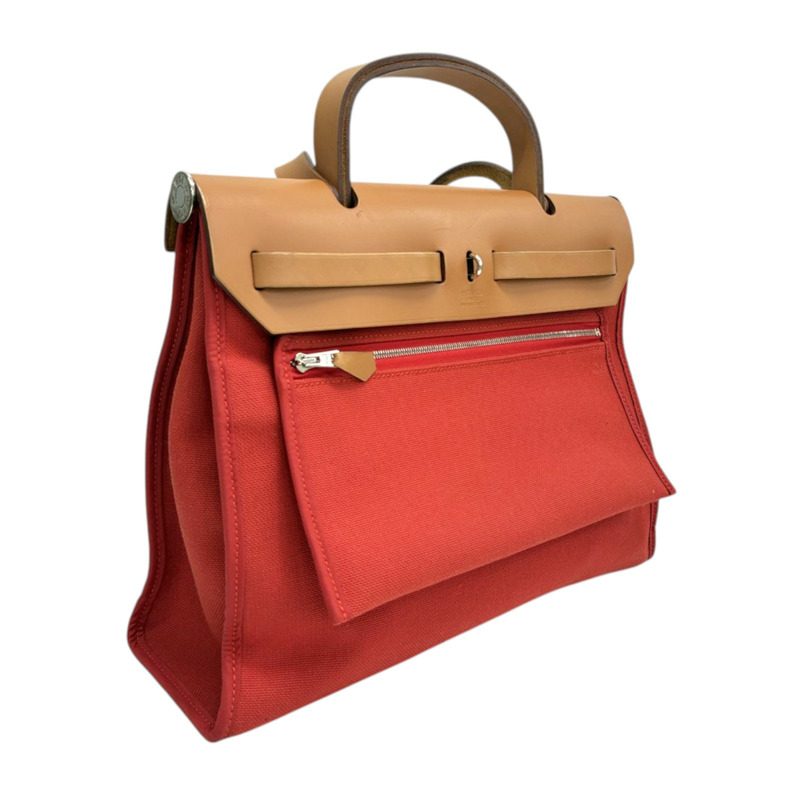 橘紅色 帆布 Herbag Zip 31 兩用包 A刻 銀釦 缺鎖扣【HERMES 愛馬仕】 H079092CK-1
