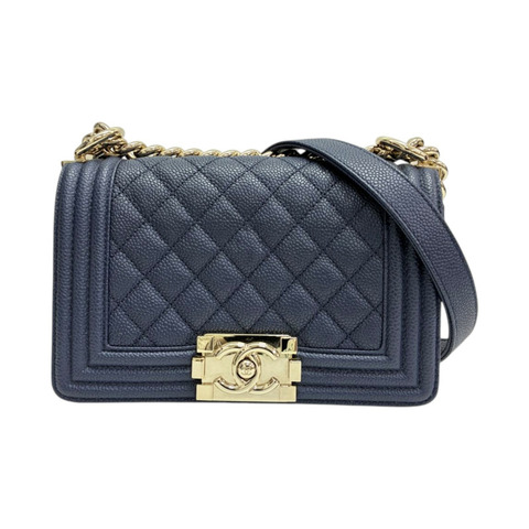深藍色 荔枝紋 牛皮 Boy 20 鍊帶 肩背包 金釦【CHANEL 香奈兒】 A67085