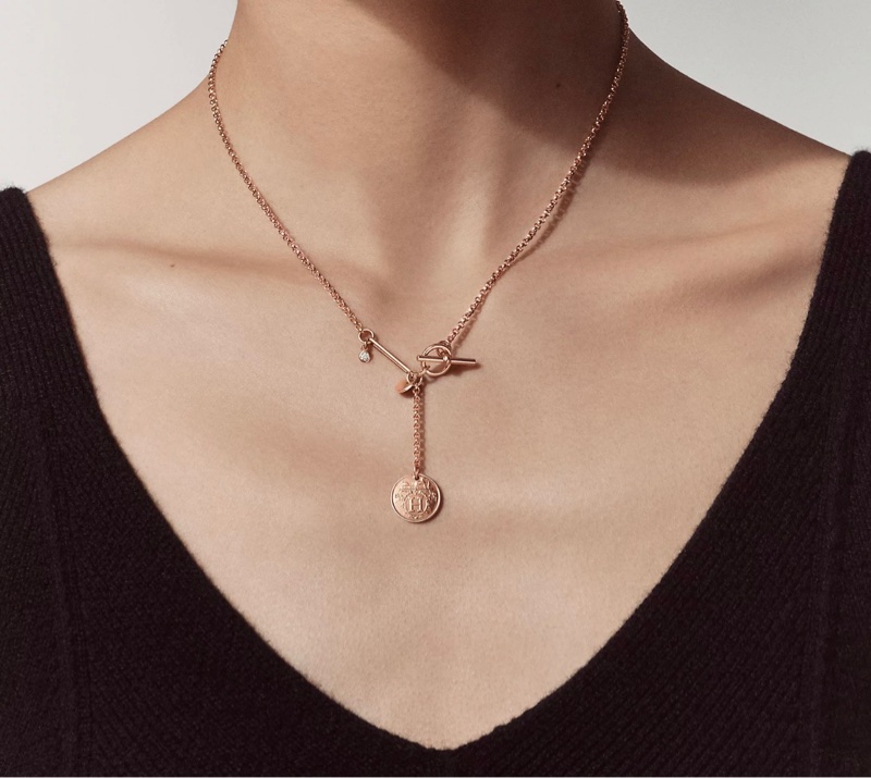 Hermès Ex-Libris圓牌烙印造型鑲鑽項鍊(玫瑰金)-1