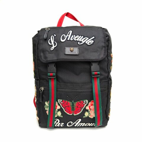 GUCCI 黑色尼龍老虎頭刺繡雙肩包登山包肩背包
