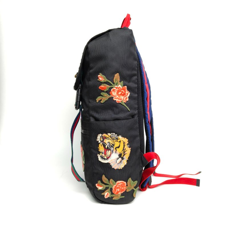 GUCCI 黑色尼龍老虎頭刺繡雙肩包登山包肩背包-1
