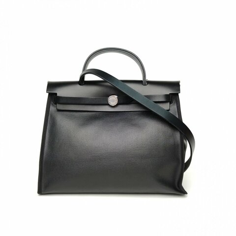 HERMES Herbag31黑色防水帆布/牛皮B刻銀扣肩背包
