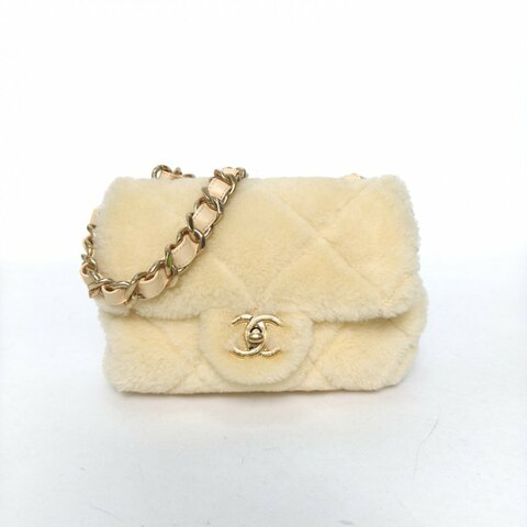 CHANEL 小雞黃毛絨晶片開金扣CF口蓋包肩背包