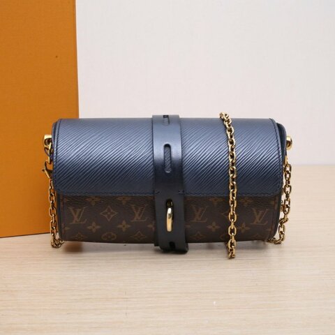 LOUIS VUITTON 水波紋牛皮限量秀款老花拼黑色筆筒金屬鏈條包肩背包
