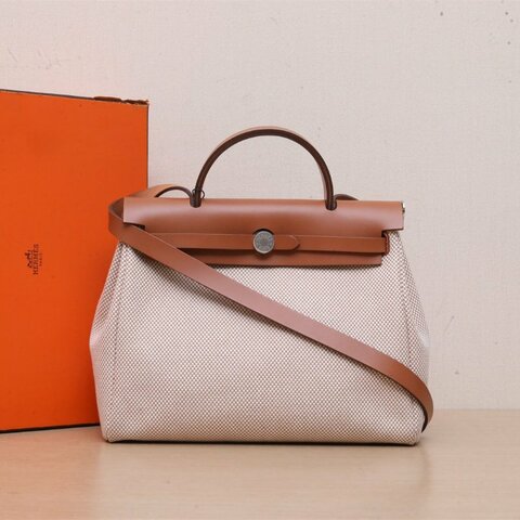 HERMES Herbag31米色拼黃褐色編織帆布U刻銀扣肩背包