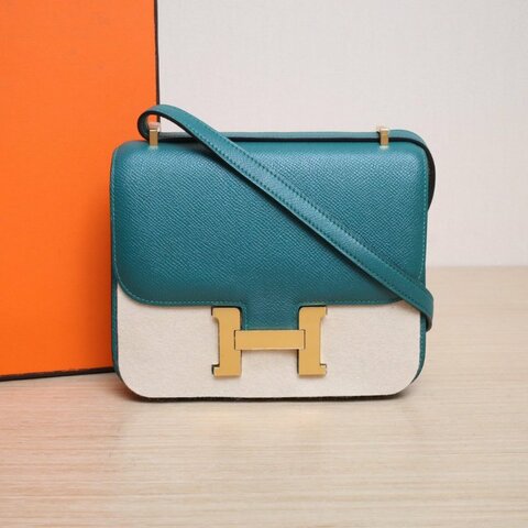 HERMES Constance康康19孔雀綠Epsom皮框R金扣肩背包