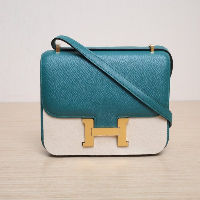 HERMES Constance康康19孔雀綠Epsom皮框R金扣肩背包-1
