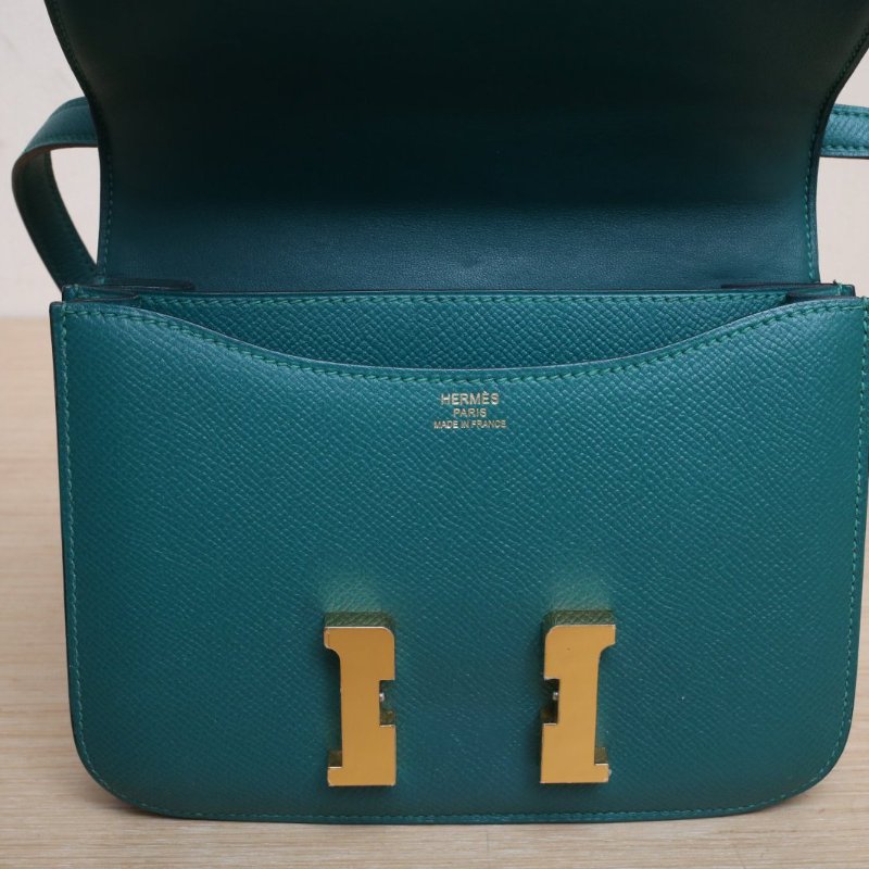 HERMES Constance康康19孔雀綠Epsom皮框R金扣肩背包-2