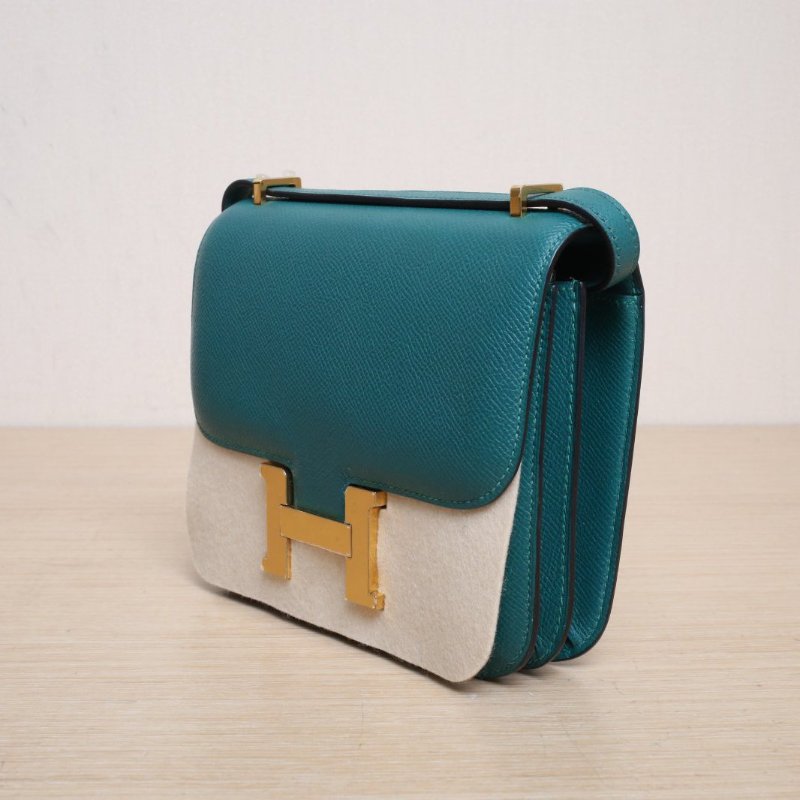 HERMES Constance康康19孔雀綠Epsom皮框R金扣肩背包-4
