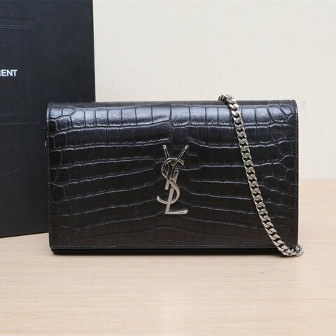 SAINT LAURENT KATE22鱷魚壓紋黑色牛皮銀扣肩背包