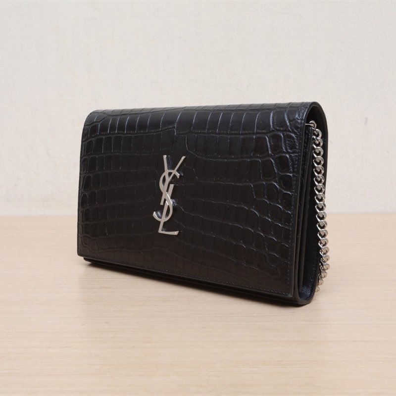 SAINT LAURENT KATE22鱷魚壓紋黑色牛皮銀扣肩背包-3