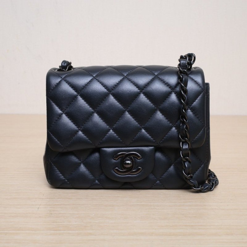 CHANEL CF口蓋包方胖子黑色羊皮晶片黑扣SoBlack肩背包-1