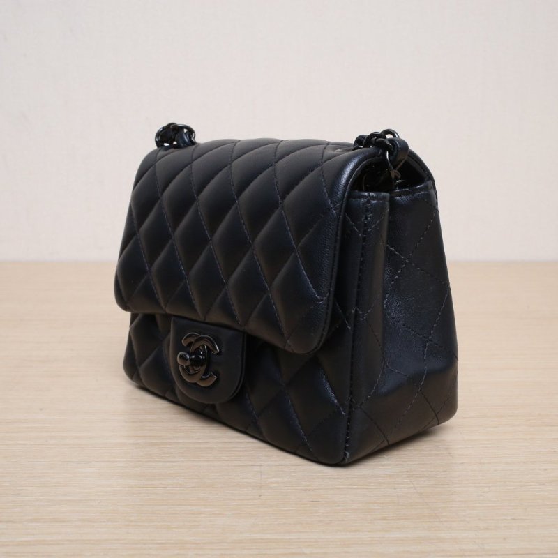CHANEL CF口蓋包方胖子黑色羊皮晶片黑扣SoBlack肩背包-4