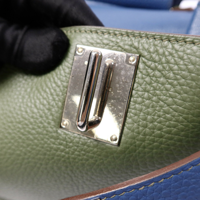 HERMES Clemence皮革Jypsiere 31肩背袋Bleu Thalassa/Vert Olive-6