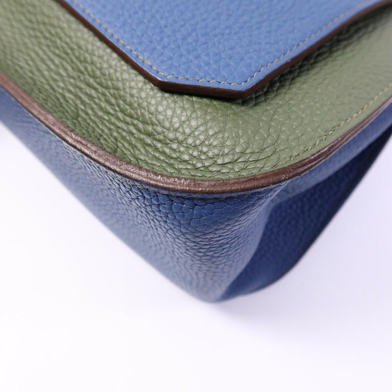 HERMES Clemence皮革Jypsiere 31肩背袋Bleu Thalassa/Vert Olive-9