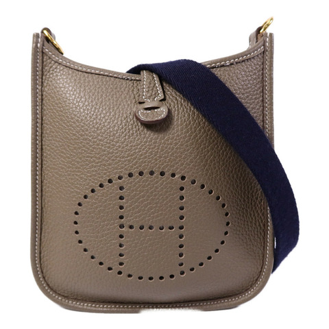 HERMES Clemence皮革Evelyne TPM肩背袋Etoupe/Blue Indigo