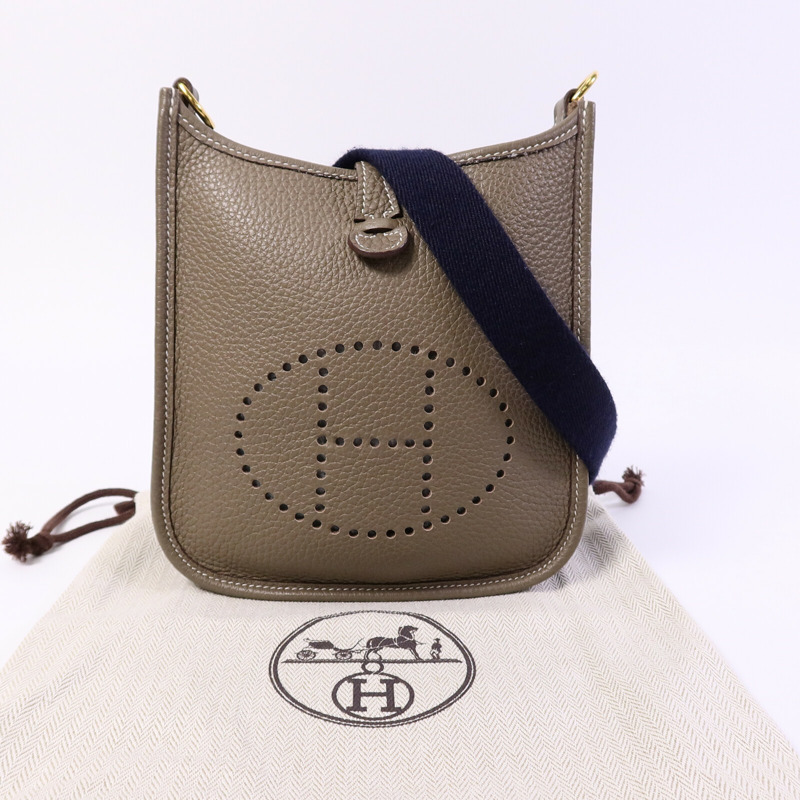 HERMES Clemence皮革Evelyne TPM肩背袋Etoupe/Blue Indigo-8